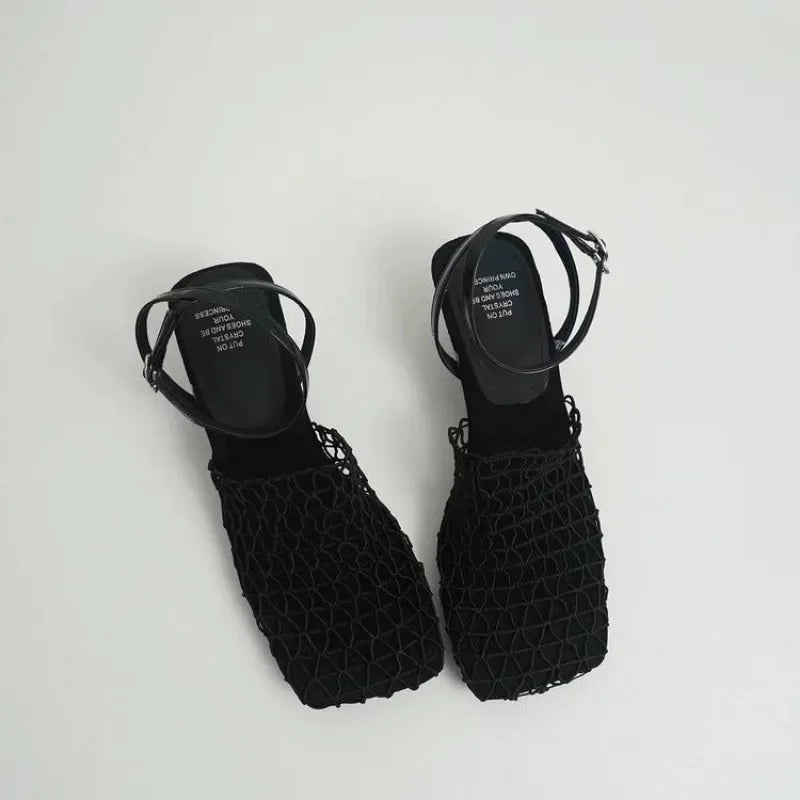 Braided Mesh Square-Toe Heels with Ankle Strap
