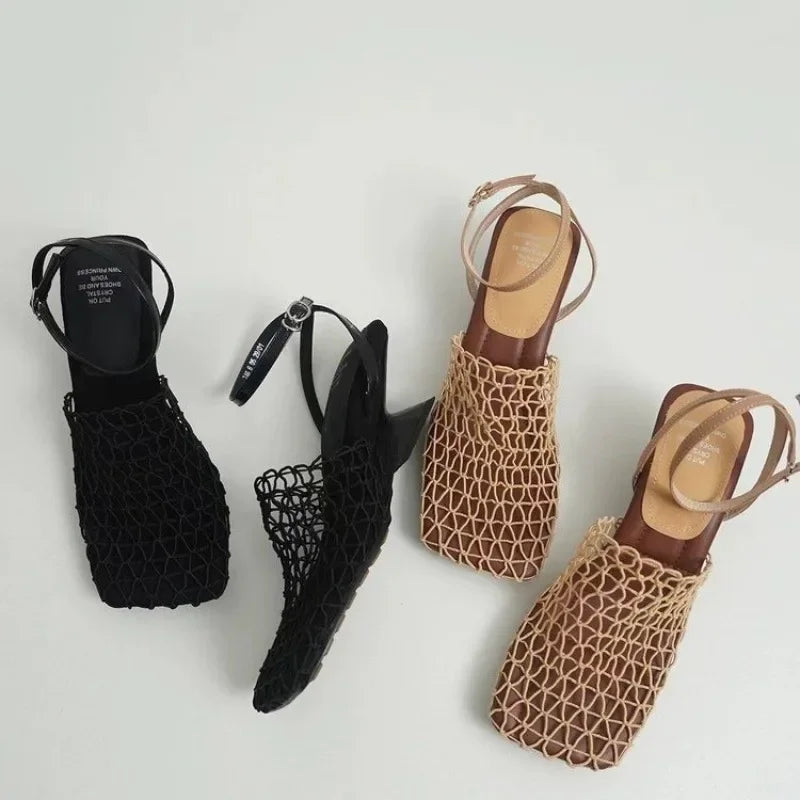 Braided Mesh Square-Toe Heels with Ankle Strap