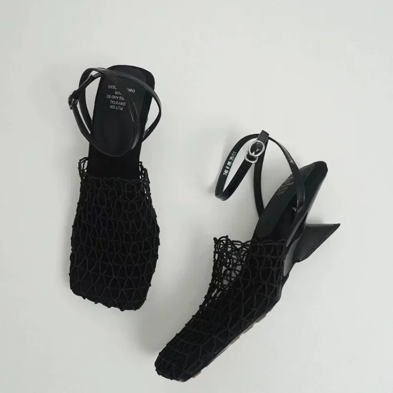 Braided Mesh Square-Toe Heels with Ankle Strap