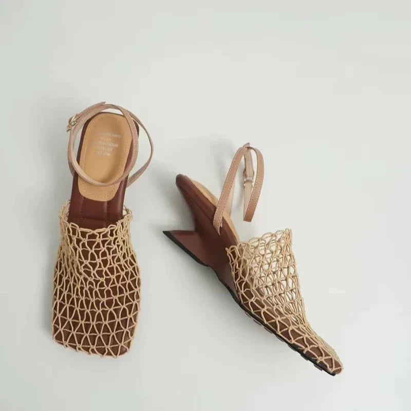 Braided Mesh Square-Toe Heels with Ankle Strap