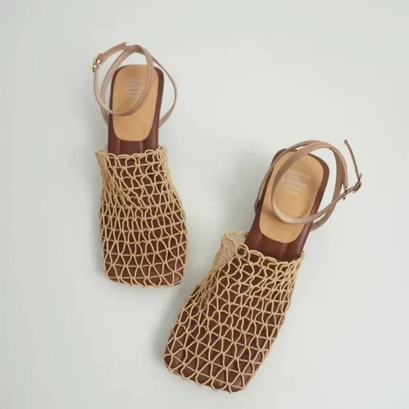 Braided Mesh Square-Toe Heels with Ankle Strap