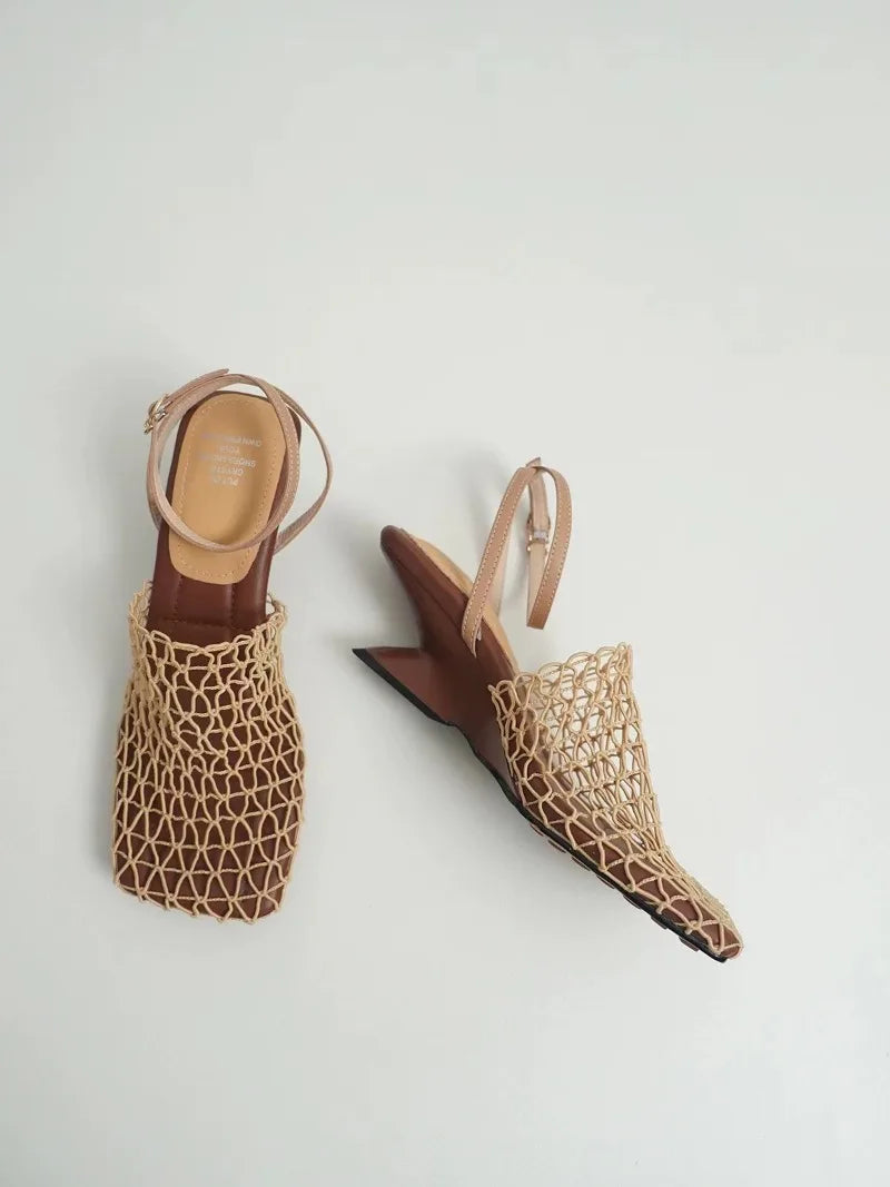 Braided Mesh Square-Toe Heels with Ankle Strap