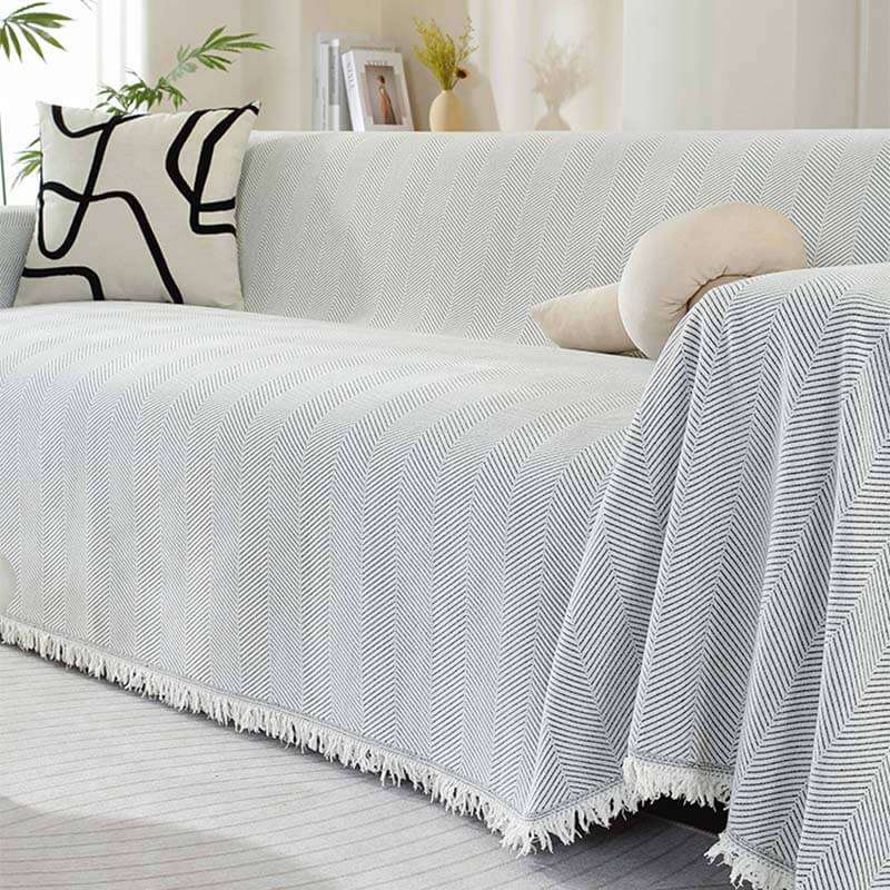 Chenille Herringbone Sofa Cover with Tassels