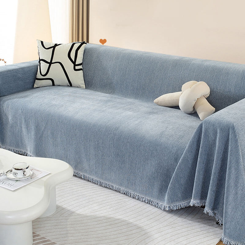 Chenille Herringbone Sofa Cover with Tassels