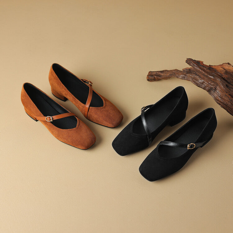 Women's Adjustable Buckle Strap Block Heel Pumps