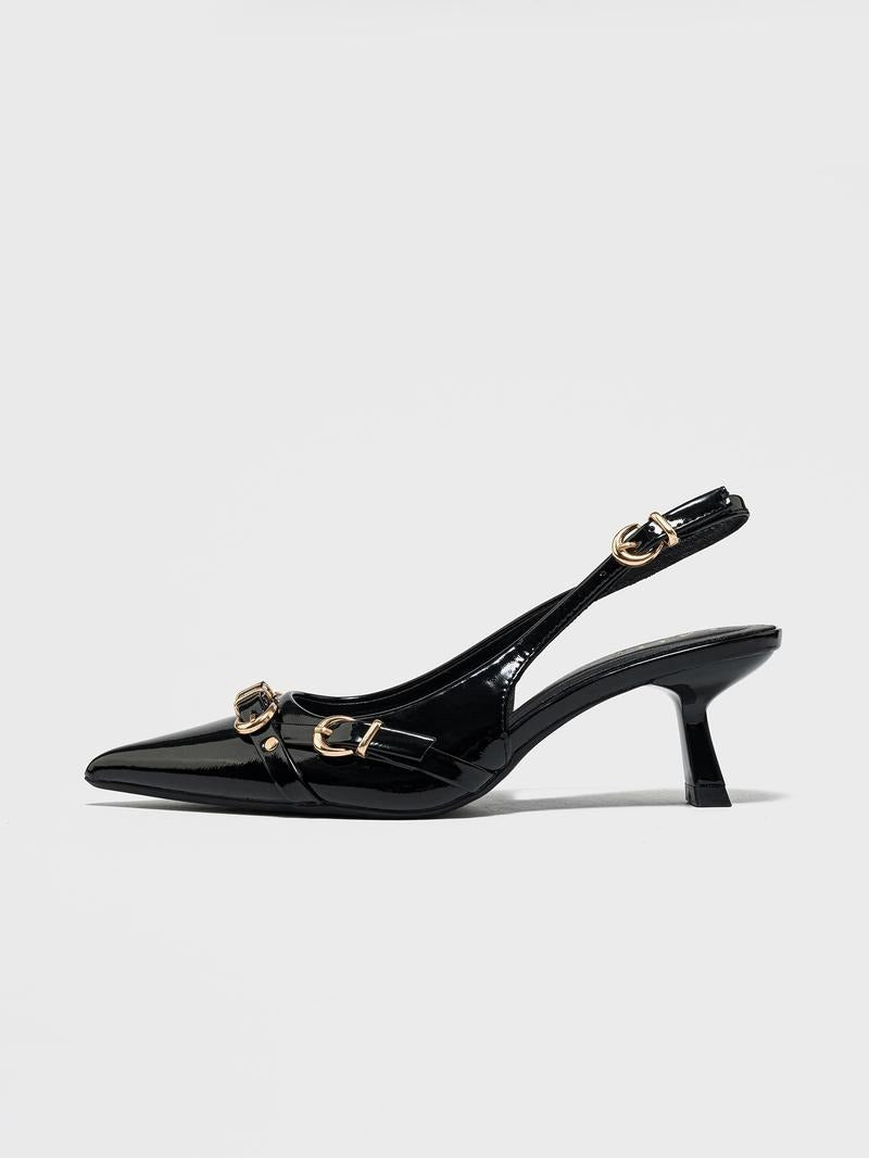 Pointed Toe Gold Buckle Patent Heels for Women