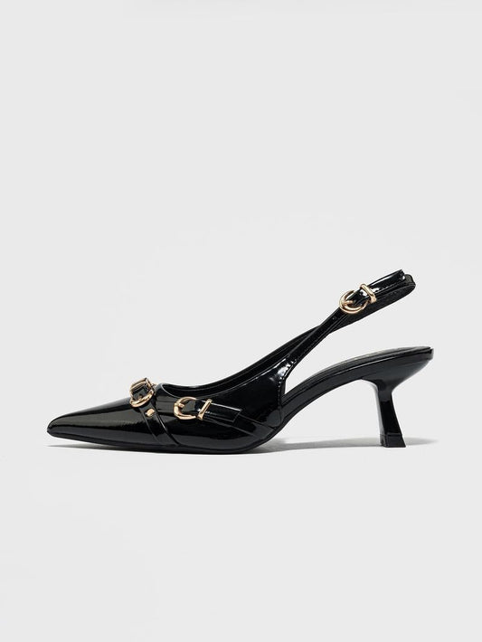 Pointed Toe Gold Buckle Patent Heels for Women