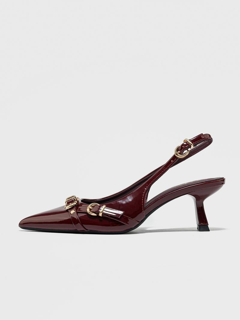 Pointed Toe Gold Buckle Patent Heels for Women