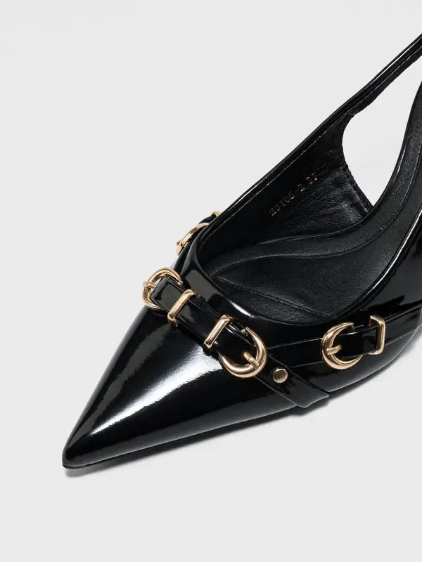 Pointed Toe Gold Buckle Patent Heels for Women