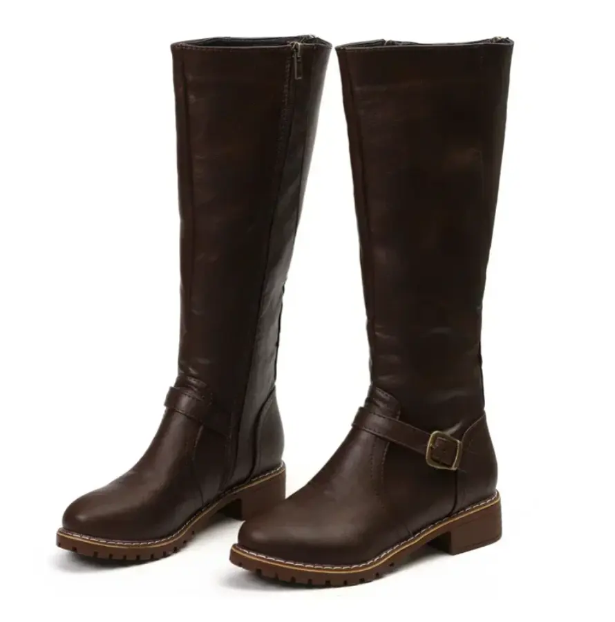 Knee-High Block Heel Women's Boots with Chic Buckle Detail