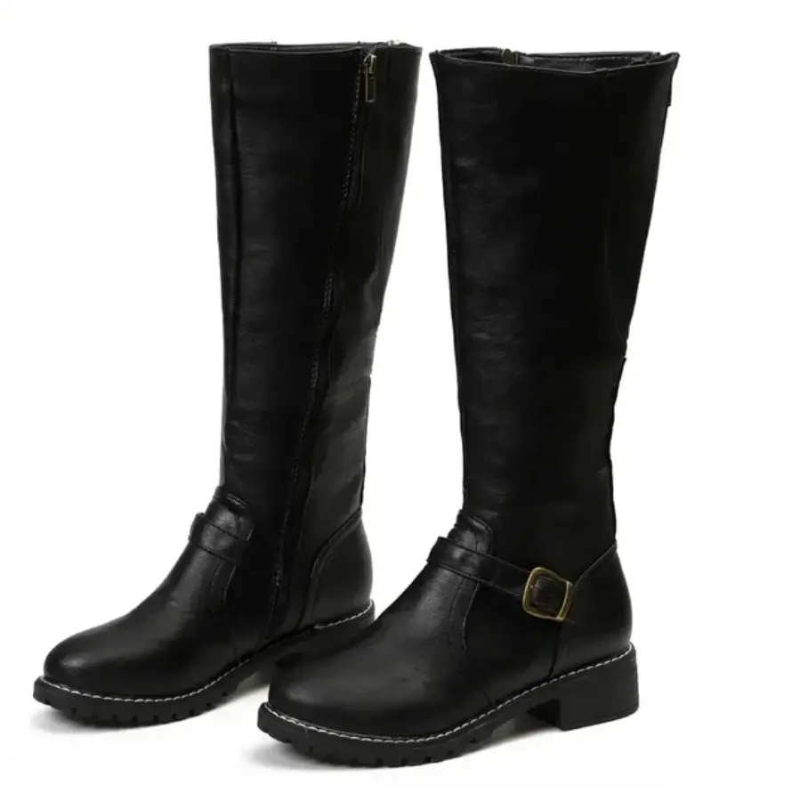 Knee-High Block Heel Women's Boots with Chic Buckle Detail