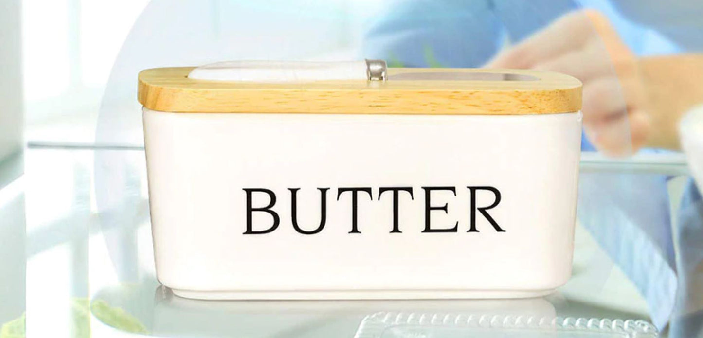 Porcelain Vintage Butter Dish with Airtight Wood Lid and Knife