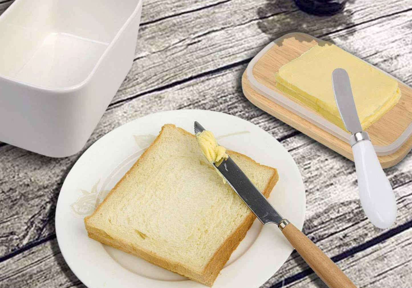 Porcelain Vintage Butter Dish with Airtight Wood Lid and Knife