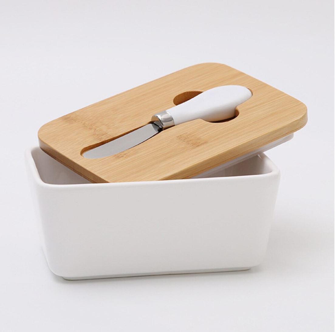 Porcelain Vintage Butter Dish with Airtight Wood Lid and Knife