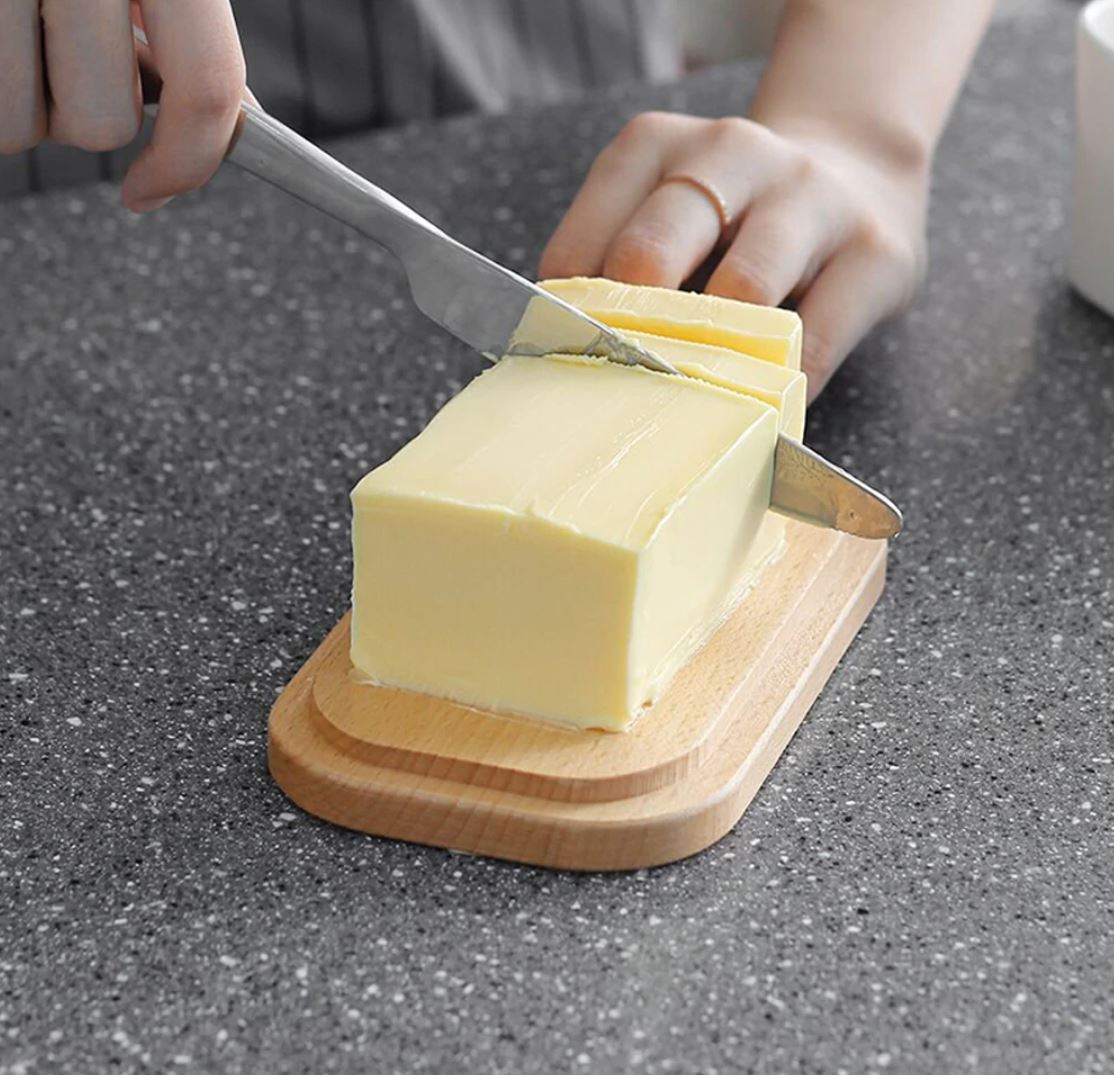 Porcelain Vintage Butter Dish with Airtight Wood Lid and Knife