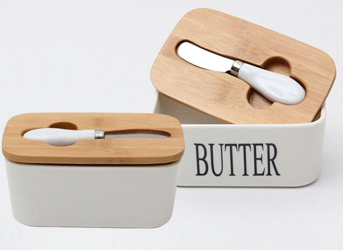 Porcelain Vintage Butter Dish with Airtight Wood Lid and Knife