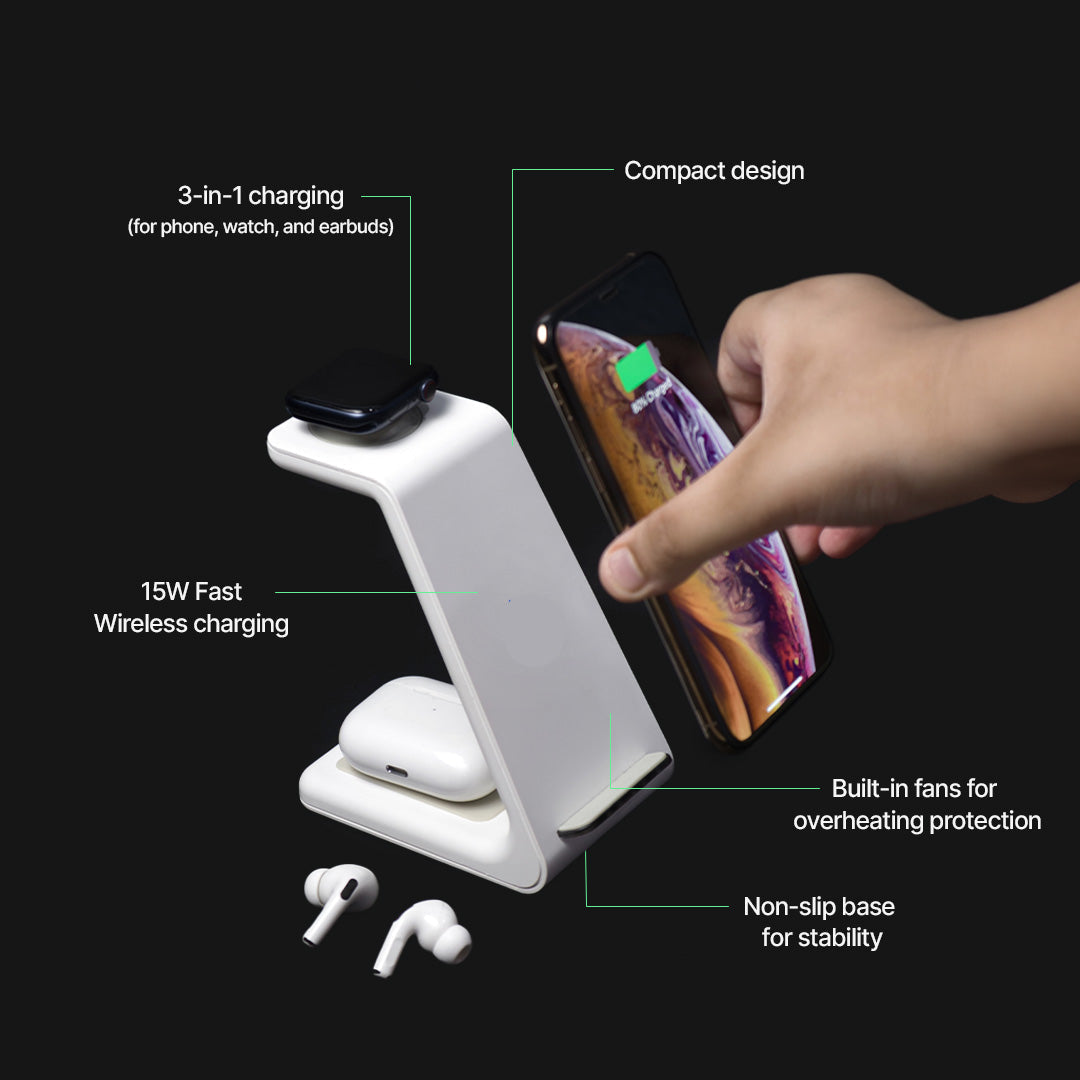 3-in-1 Wireless Charging Station for Phone, Watch, and Headphones