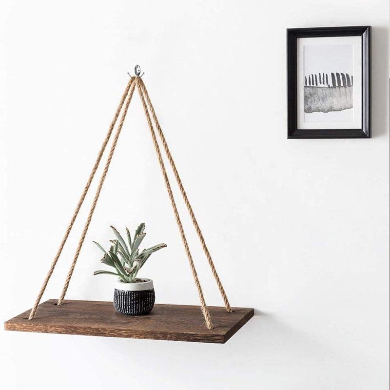 Scandinavian Wood Floating Shelf with Rope Hanging
