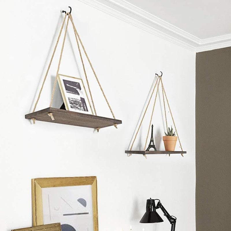 Scandinavian Wood Floating Shelf with Rope Hanging