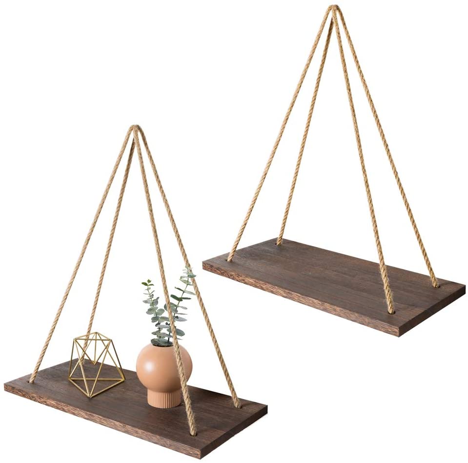 Scandinavian Wood Floating Shelf with Rope Hanging