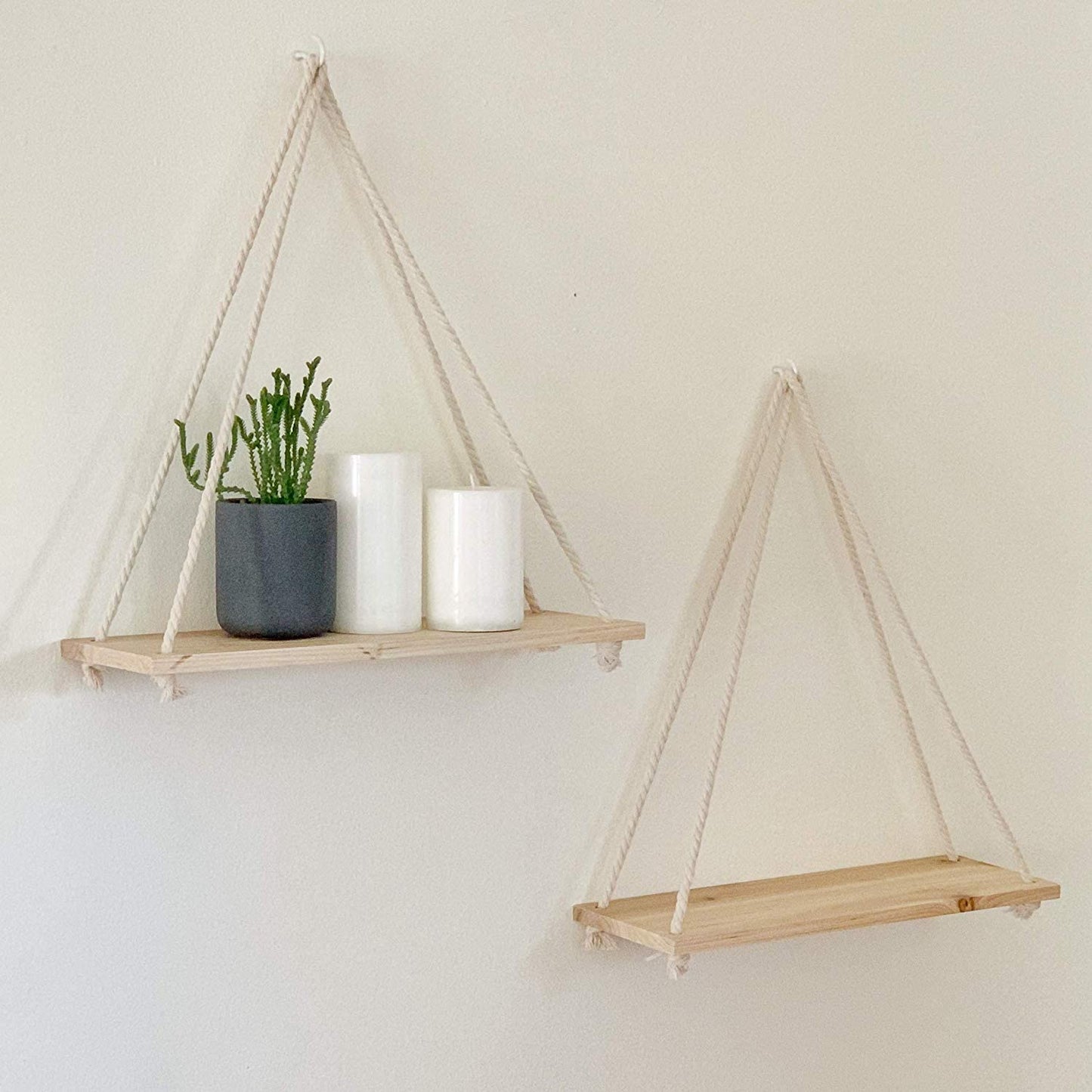 Scandinavian Wood Floating Shelf with Rope Hanging