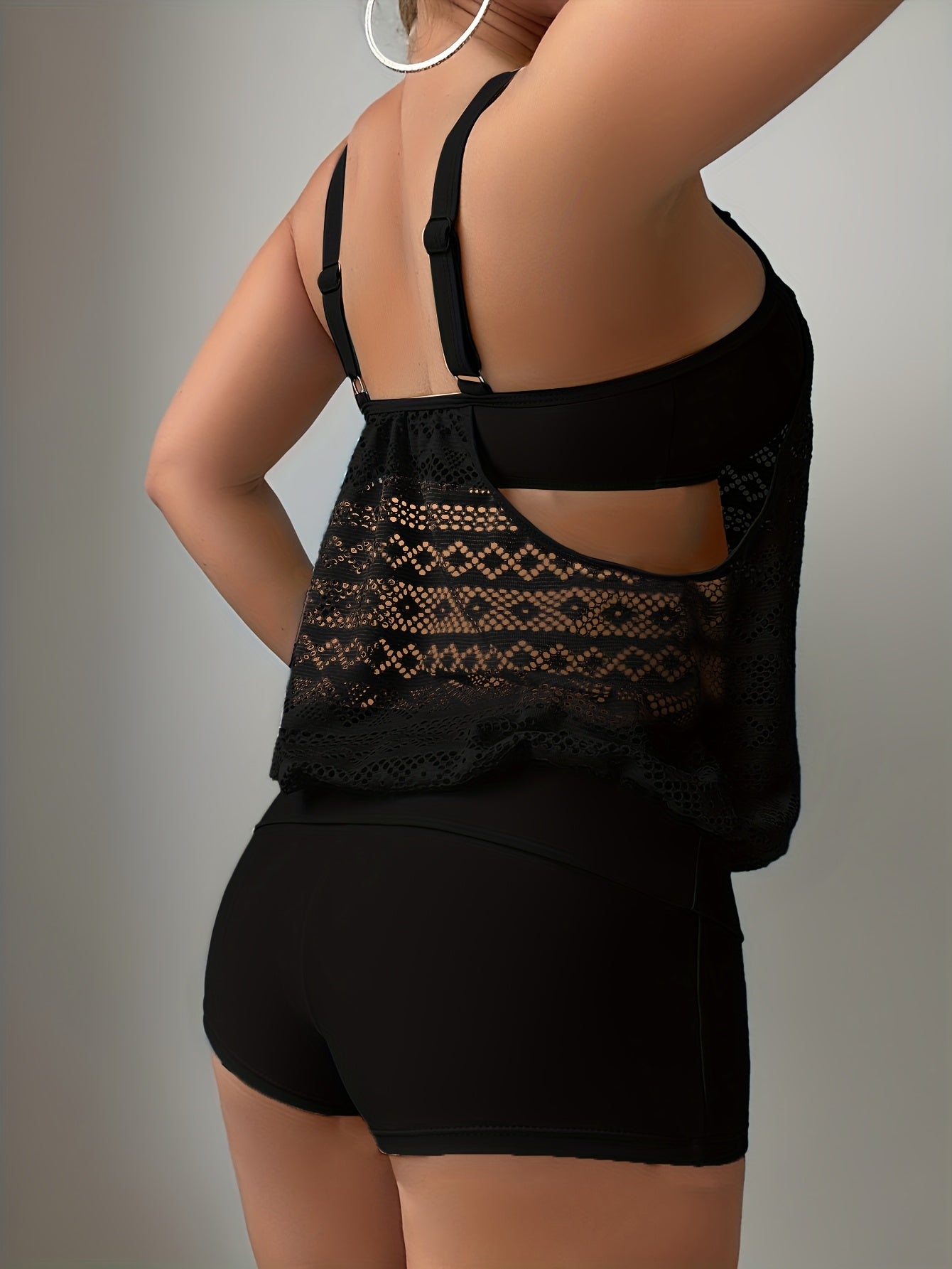 Lace Pattern Women's Tankini with Crisscross Straps