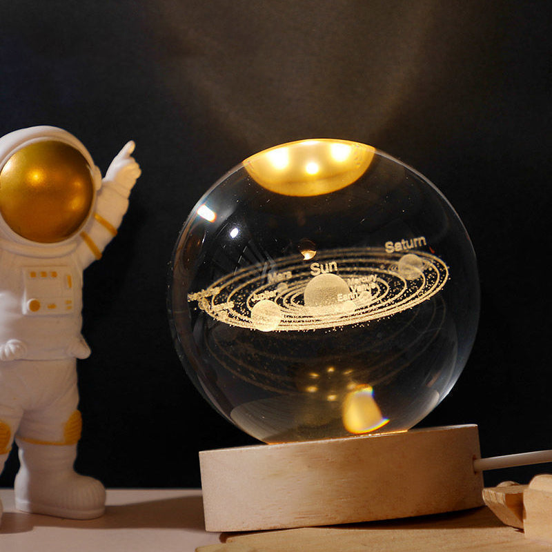 3D Solar System Crystal Ball Night Light with Wooden Base