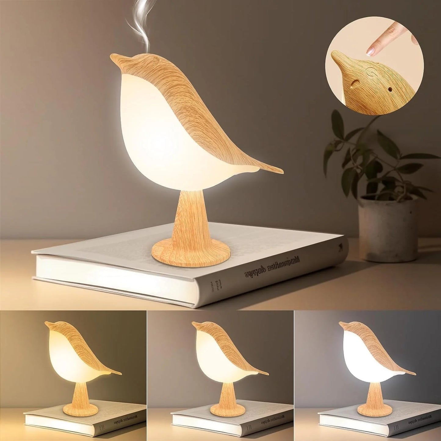 Touch-Control Wooden Bird Night Light with Aromatherapy Diffuser - Rechargeable LED Lamp