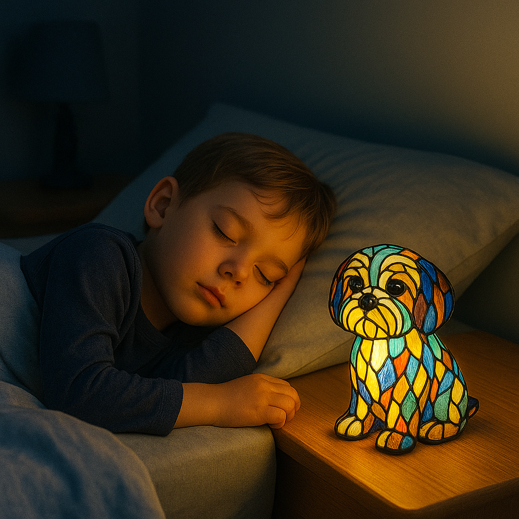 Stained Glass Dog Table Lamp with Colorful Ambient Light