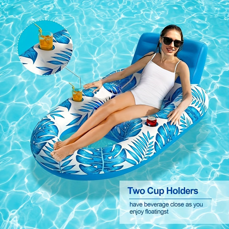 Inflatable Pool Lounge Chair with Backrest and Cup Holders