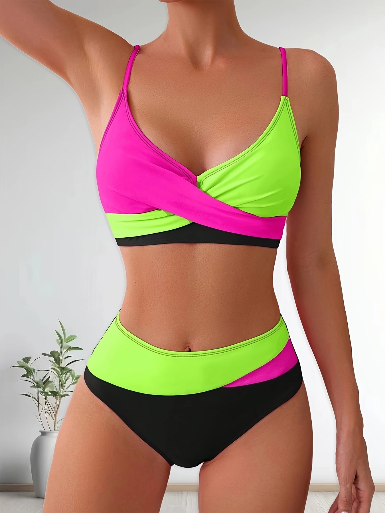 Patchwork V-Neck Bikini Swimsuit with Adjustable Straps