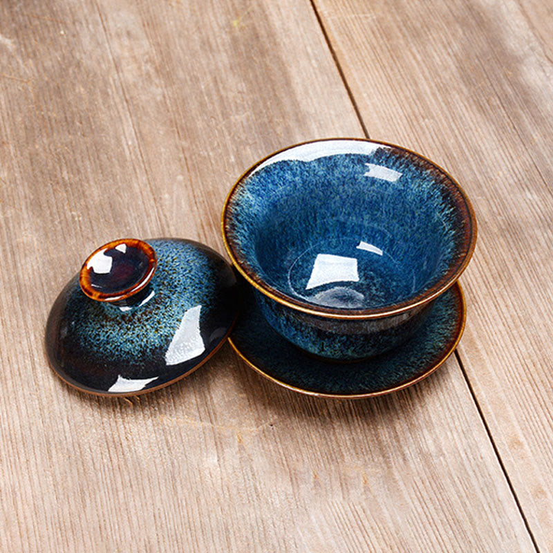 Vintage Ceramic Gaiwan Tea Cup and Saucer Set with Lid