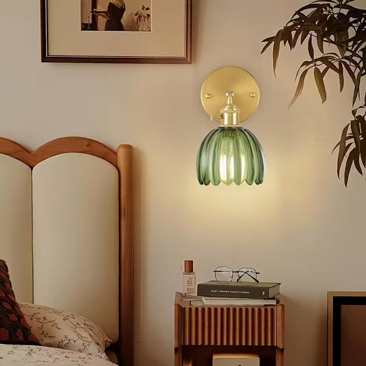 Modern Pink Ribbed Glass Wall Sconce with Brushed Gold Finish