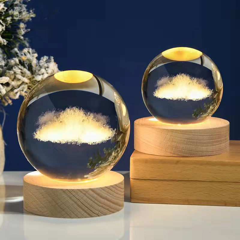 3D Solar System Crystal Ball Night Light with Wooden Base