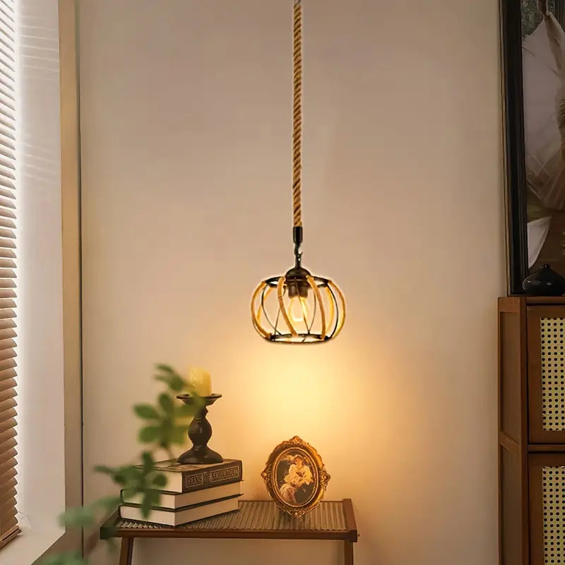 Industrial Pendant Light with Braided Cord and Metal Frame