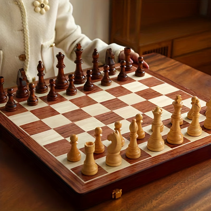 Folding Walnut Chess Set with Hand-Carved Weighted Pieces
