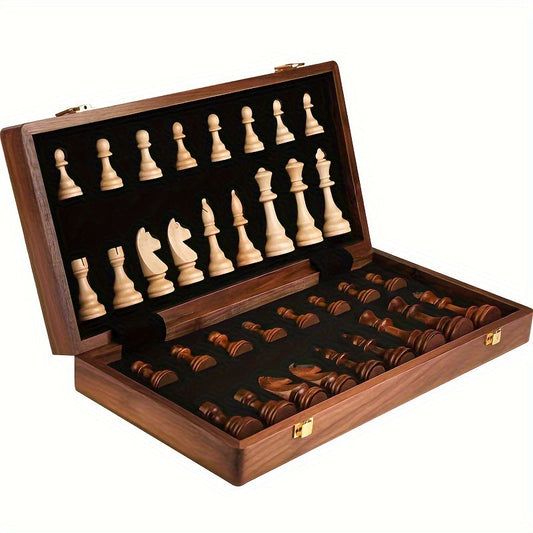 Folding Walnut Chess Set with Hand-Carved Weighted Pieces