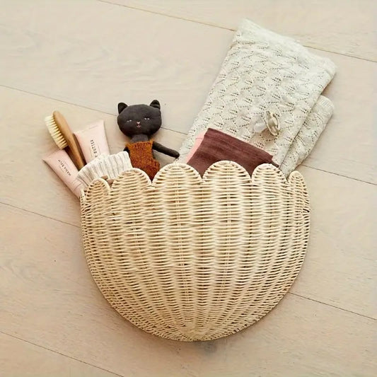 Handwoven Rattan Wall Basket with Scalloped Edge