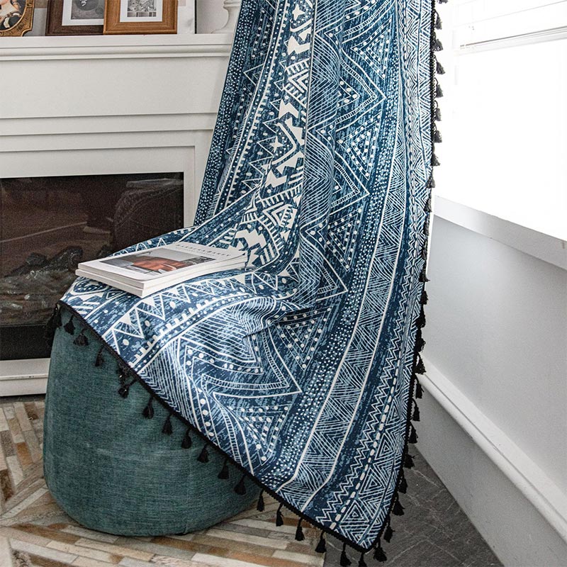 Blue Geometric Pattern Light-Filtering Curtain