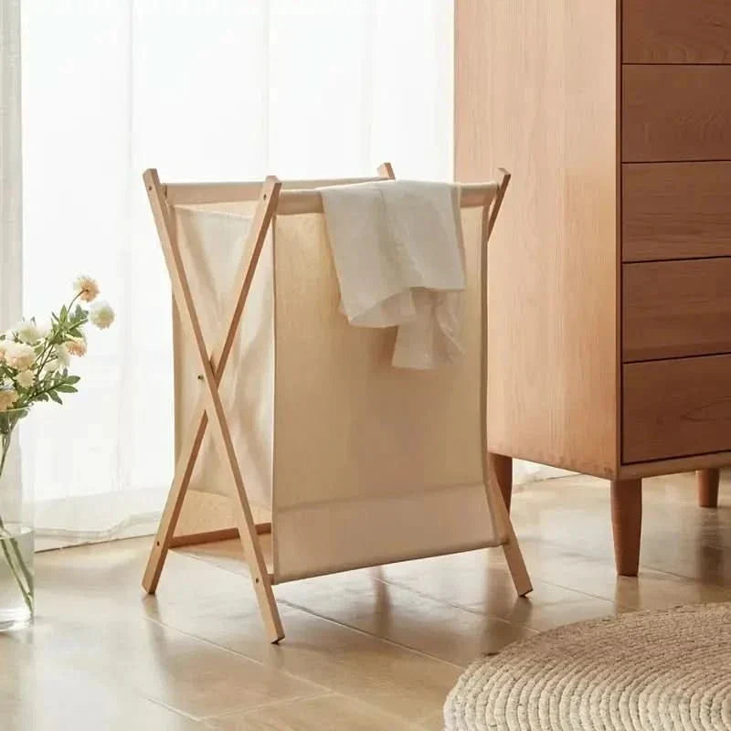 Foldable Wooden Laundry Basket with Cotton Fabric Bag
