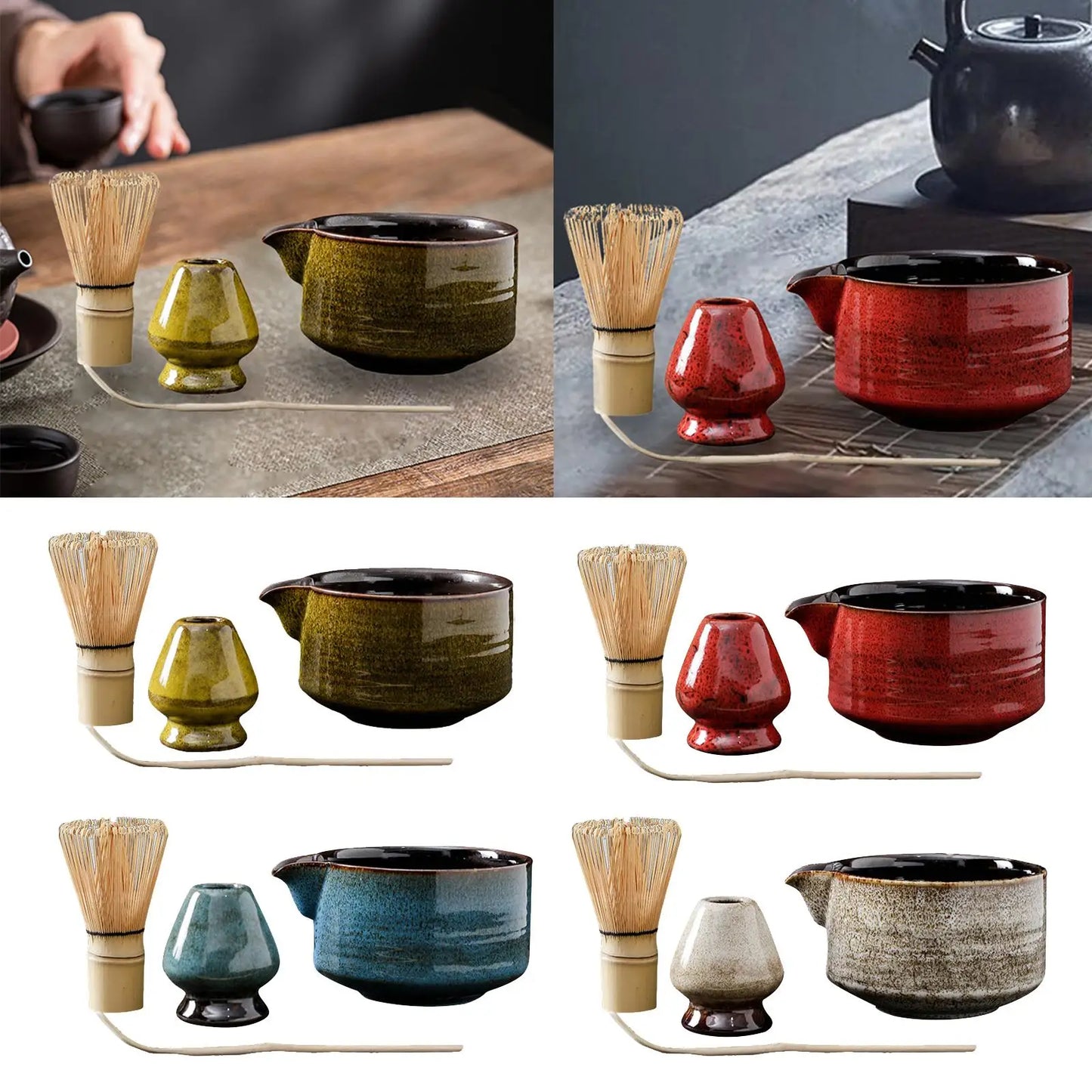 Japanese Matcha Tea Set with Ceramic Bowl and Bamboo Whisk