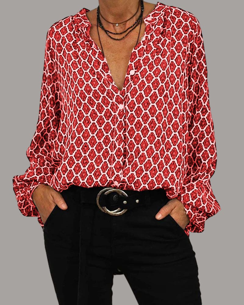 V-Neck Geometric Pattern Blouse with Long Sleeves