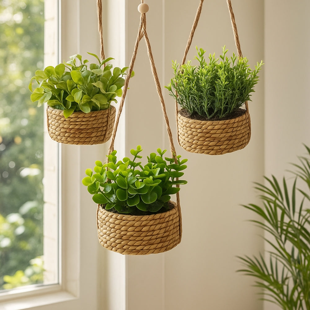 Hanging Faux Plant in Woven Basket Pot
