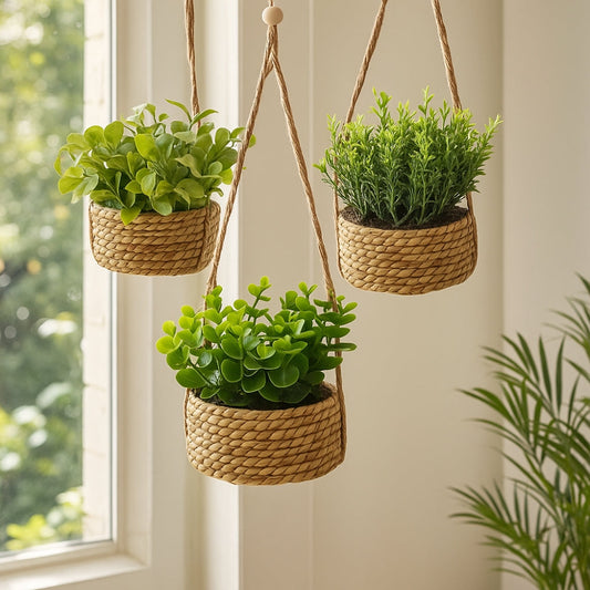 Hanging Faux Plant in Woven Basket Pot