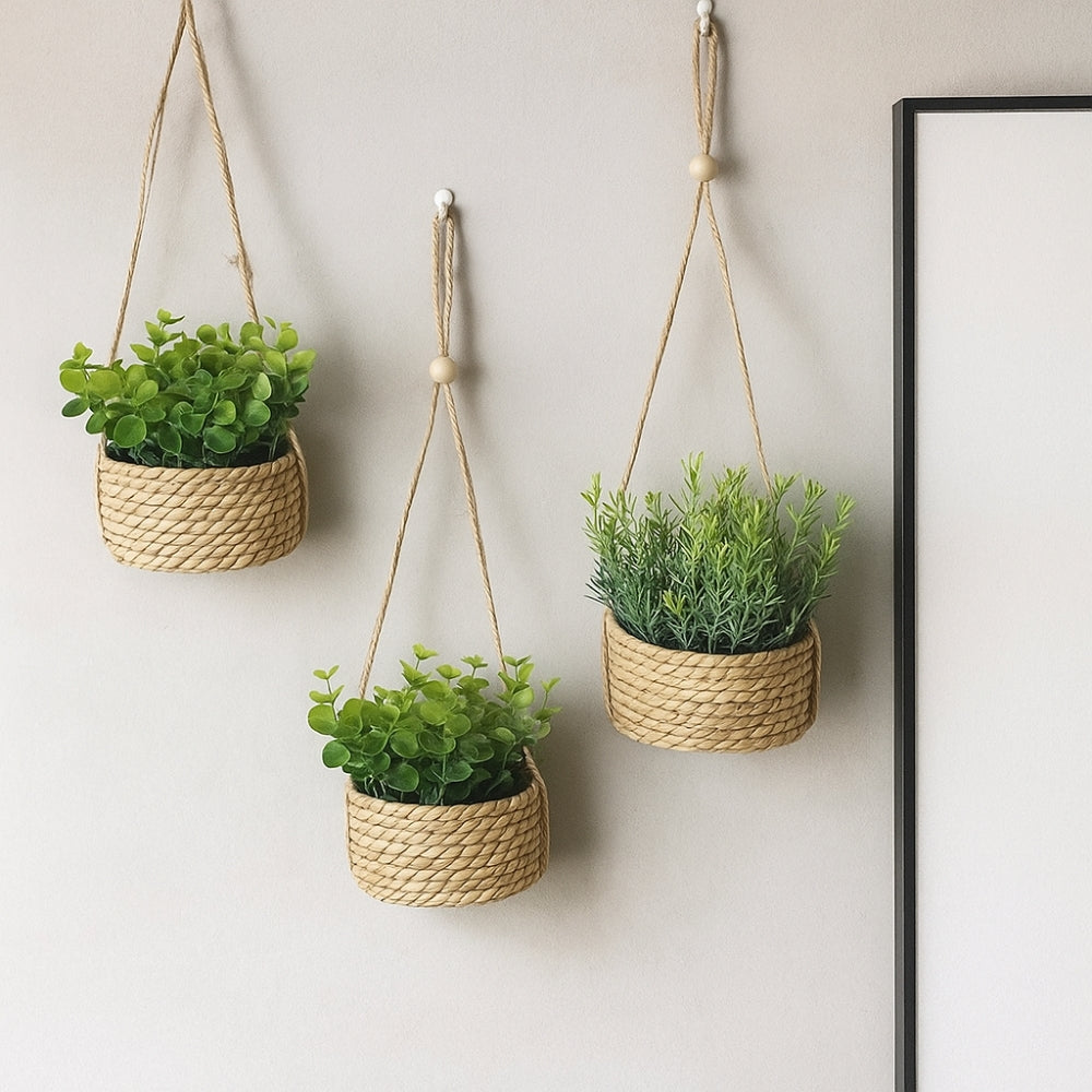 Hanging Faux Plant in Woven Basket Pot
