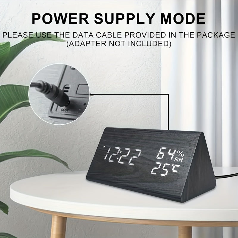Modern Wooden LED Digital Alarm Clock with Temperature and Humidity Display