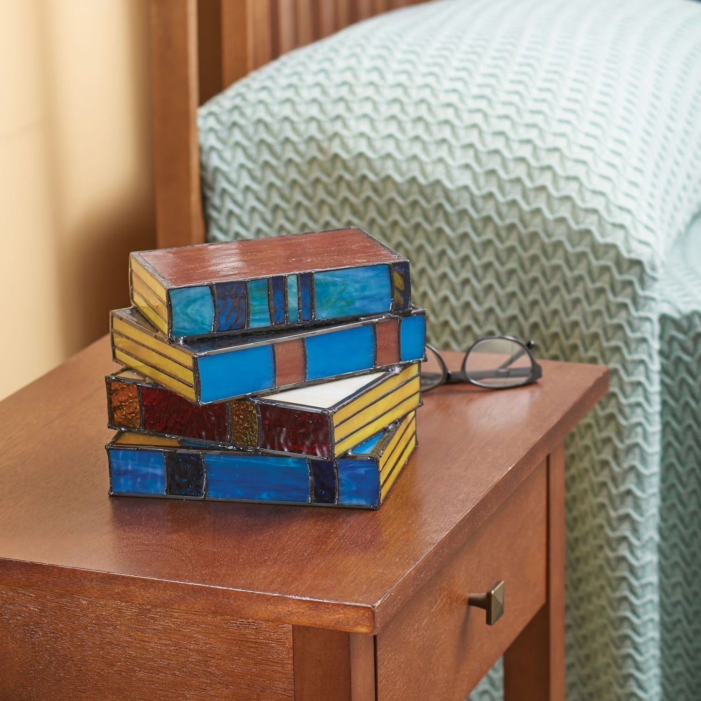Stacked Books Table Lamp with Artisan Glass Panels