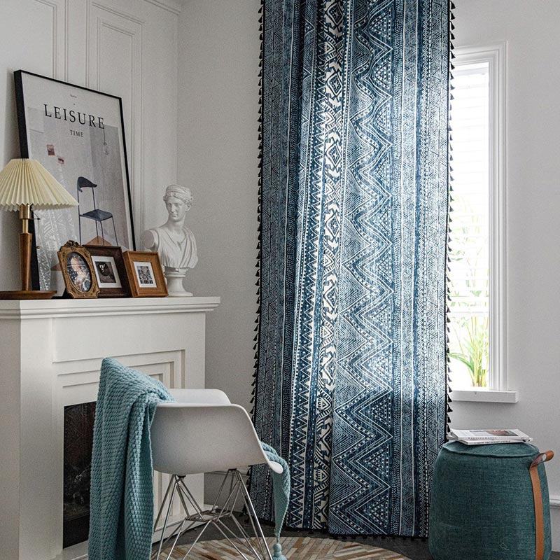 Blue Geometric Pattern Light-Filtering Curtain
