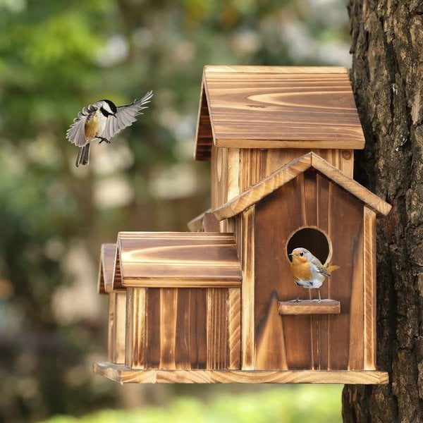 Weatherproof Wooden Birdhouse with 6 Entrances for Wild Birds