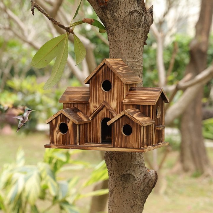 Weatherproof Wooden Birdhouse with 6 Entrances for Wild Birds